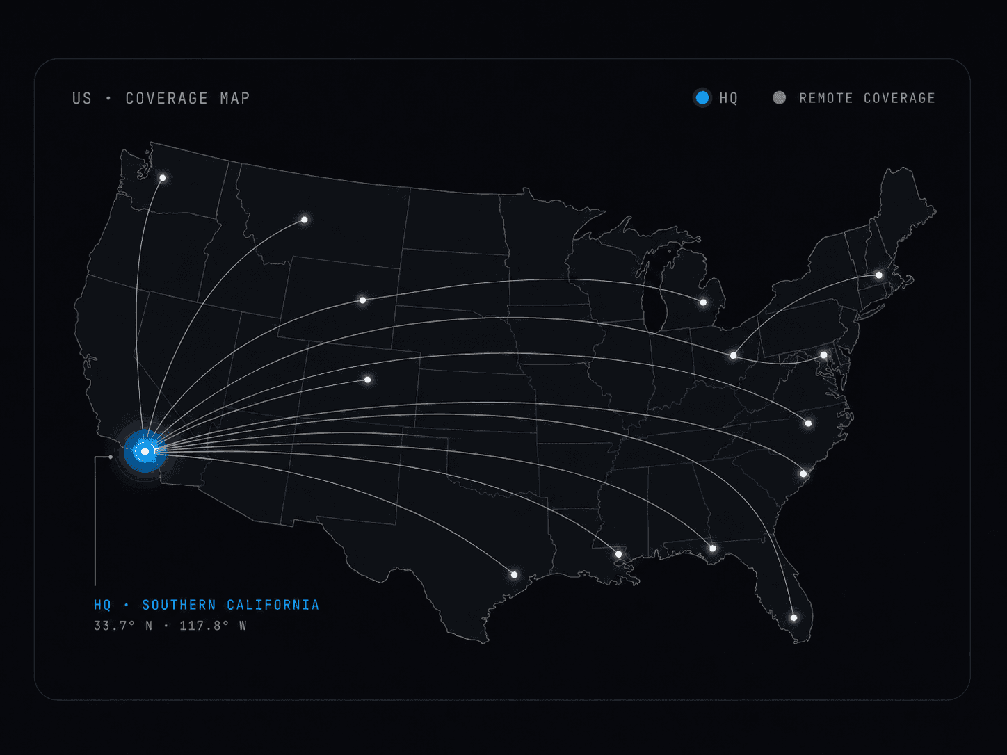 US coverage map. Ensphere is headquartered in Southern California, with advisory support available across the United States.